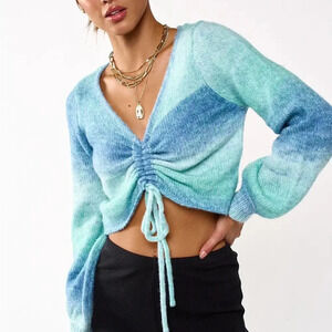 Blue Blush Women’s Small Ombre Mermaid Y2K Cropped Knit Sweater Balloon Sleeve
